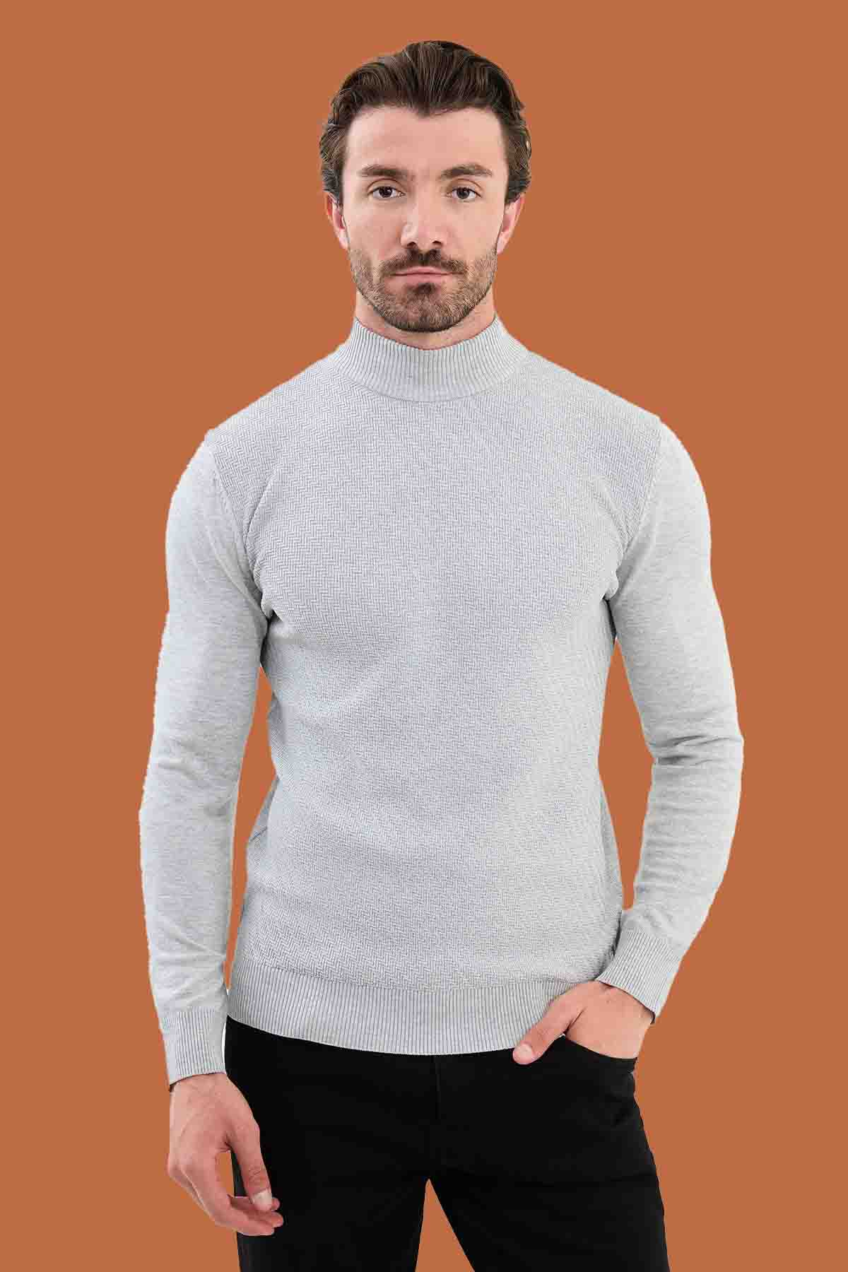 Men's Slim Fit Light Gray Mock Neck Knit Sweater S-XXL