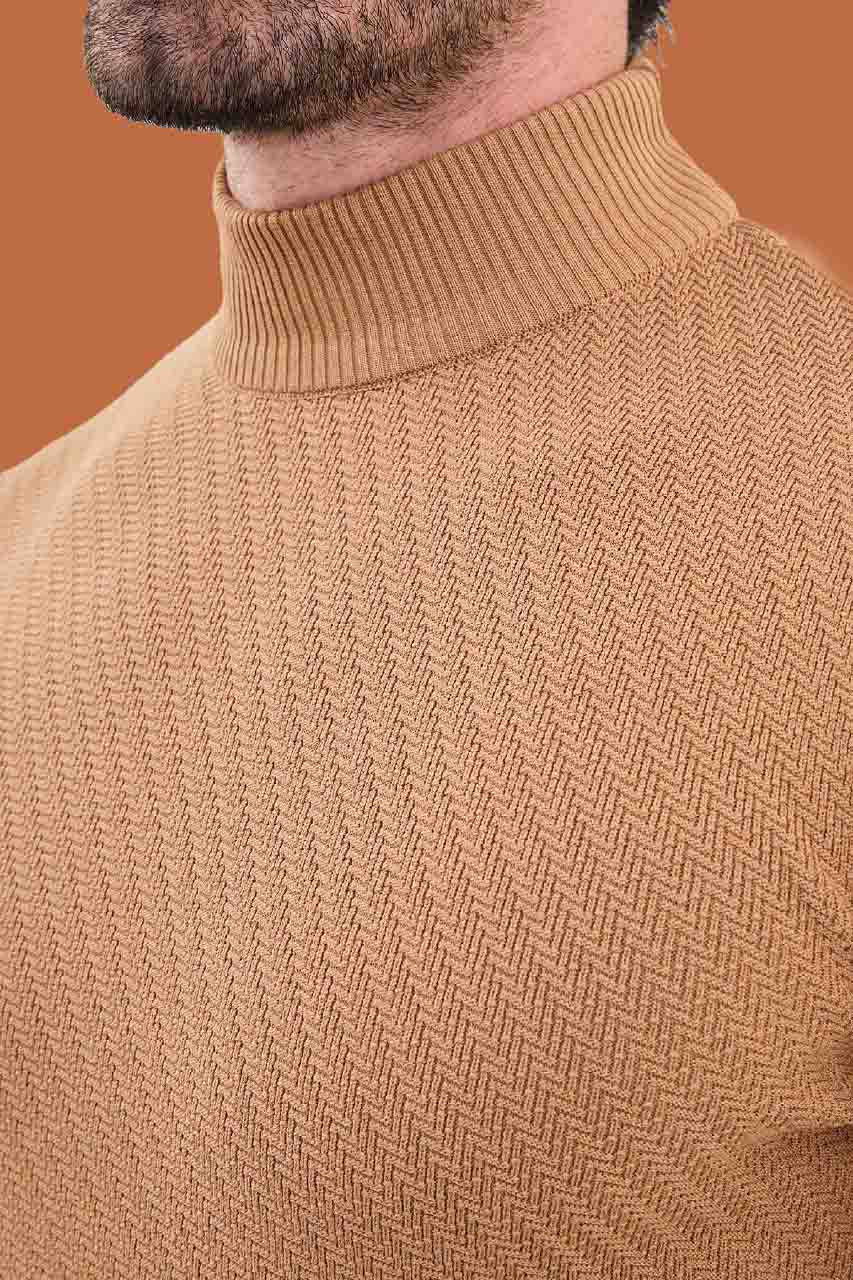 Men's Slim Fit Camel Mock Neck Textured Sweater S-XXL