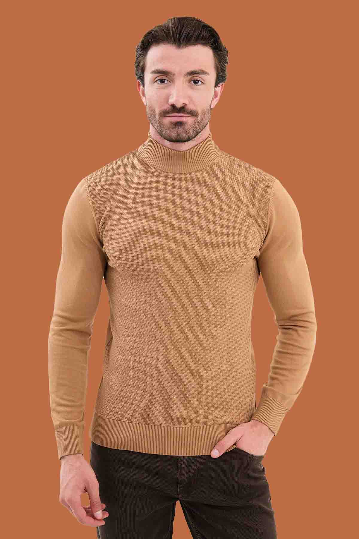 Men's Slim Fit Camel Mock Neck Textured Sweater S-XXL