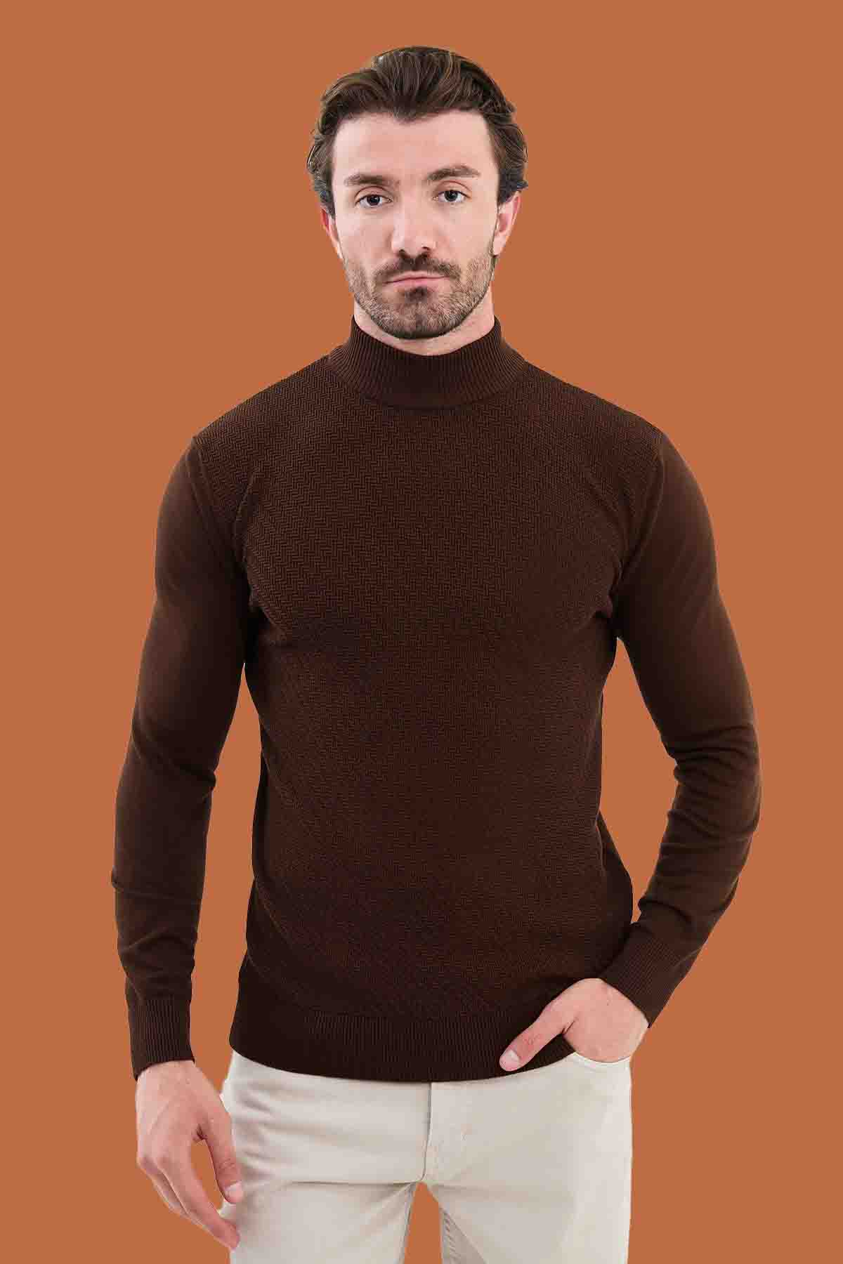 Men's Slim Fit Rich Brown Mock Neck Knit Sweater S-XXL