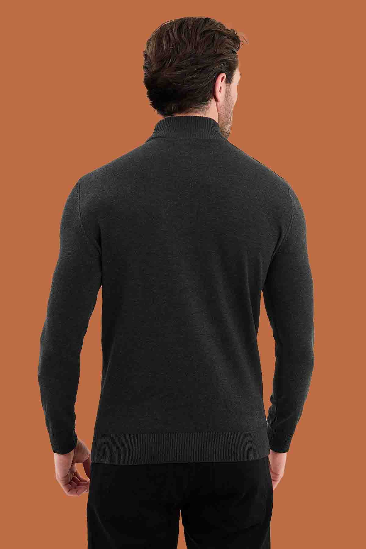 Men's Slim Fit Dark Gray Mock Neck Knit Sweater S-XXL