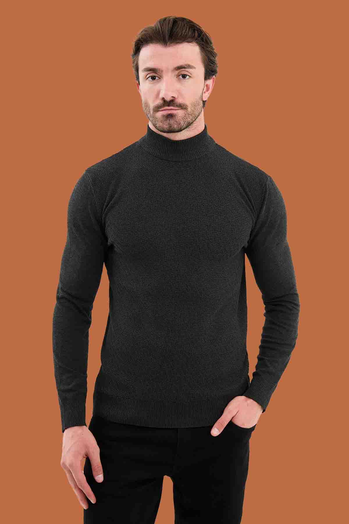Men's Slim Fit Dark Gray Mock Neck Knit Sweater S-XXL