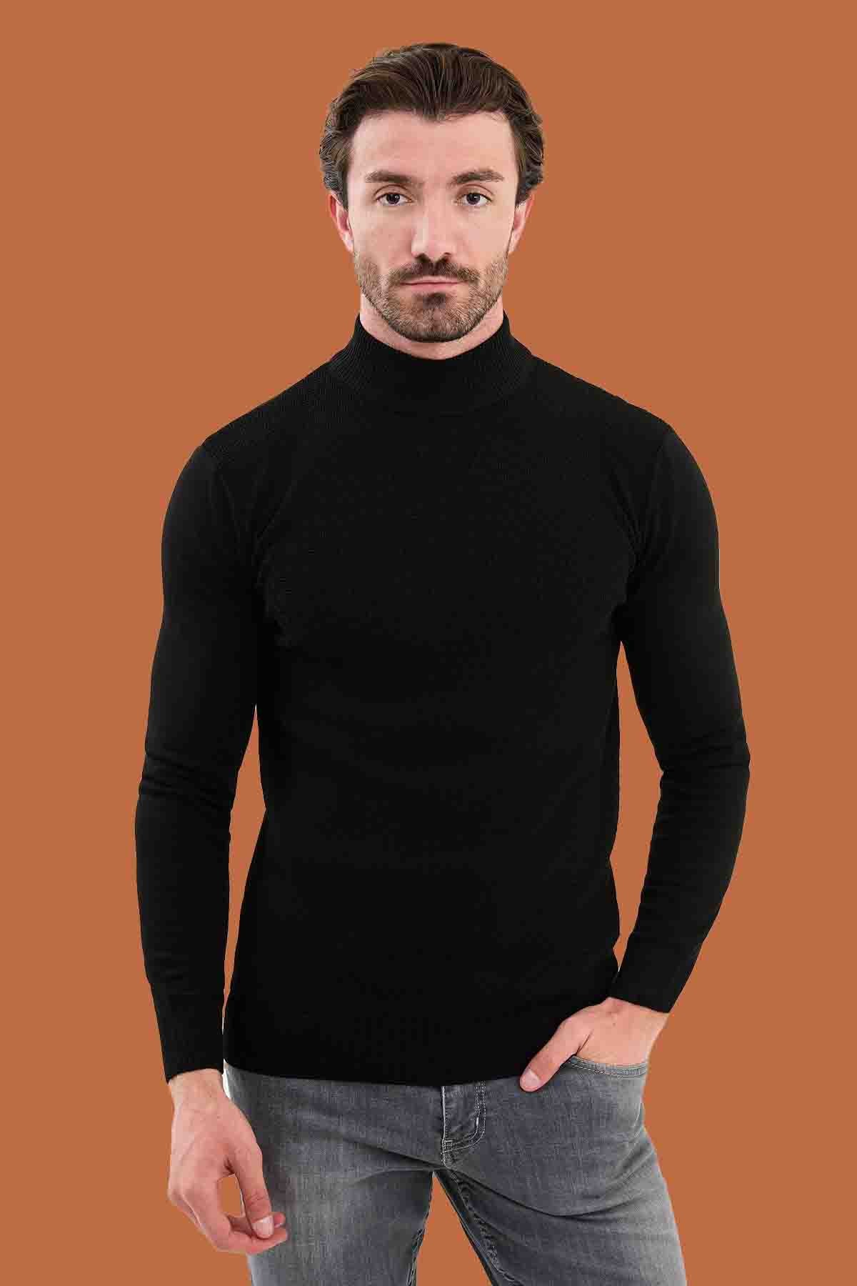 Men's Slim Fit Black Mock Neck Knit Sweater S-XXL