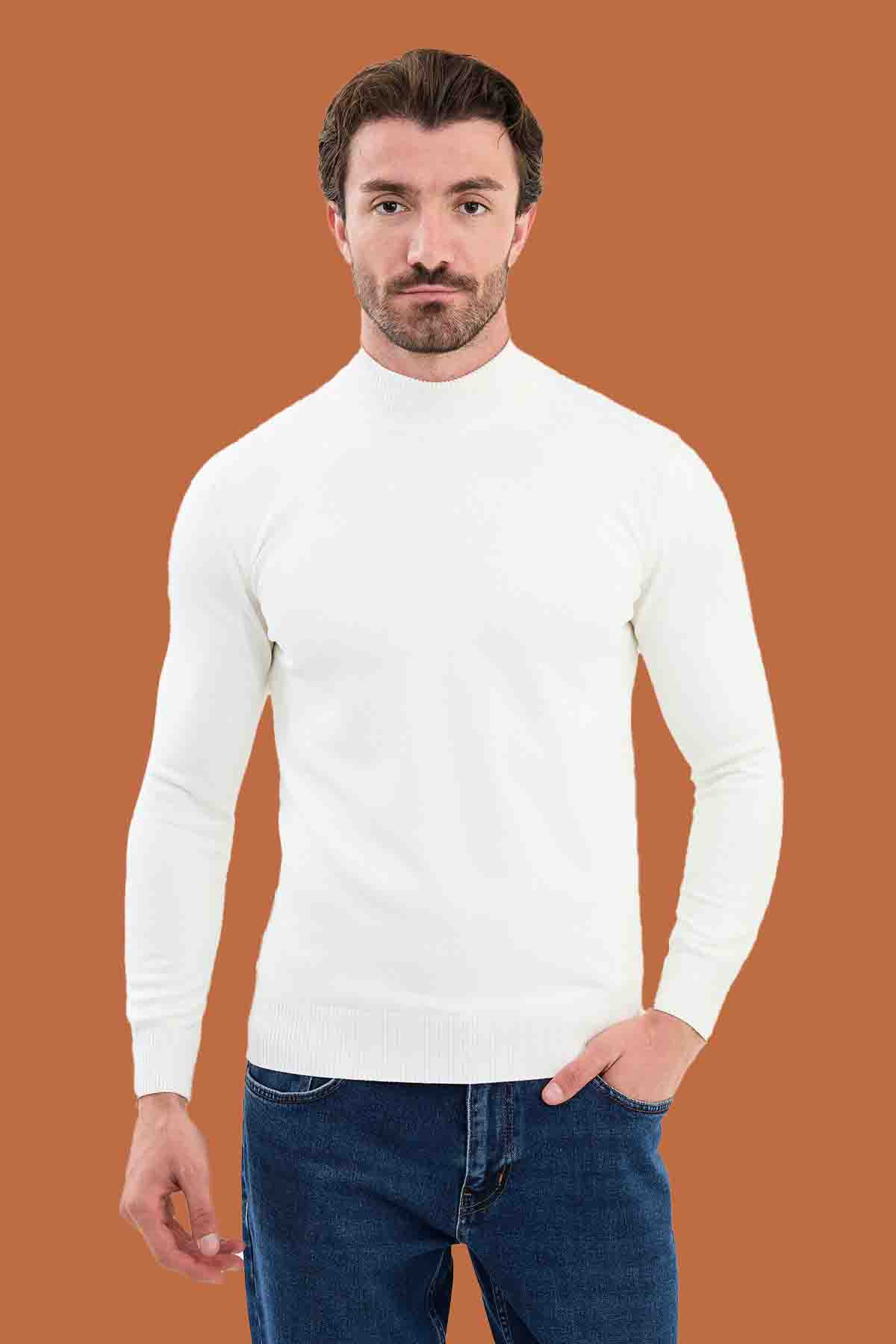 Men's Slim Fit White Mock Neck Knit Sweater S-XXL