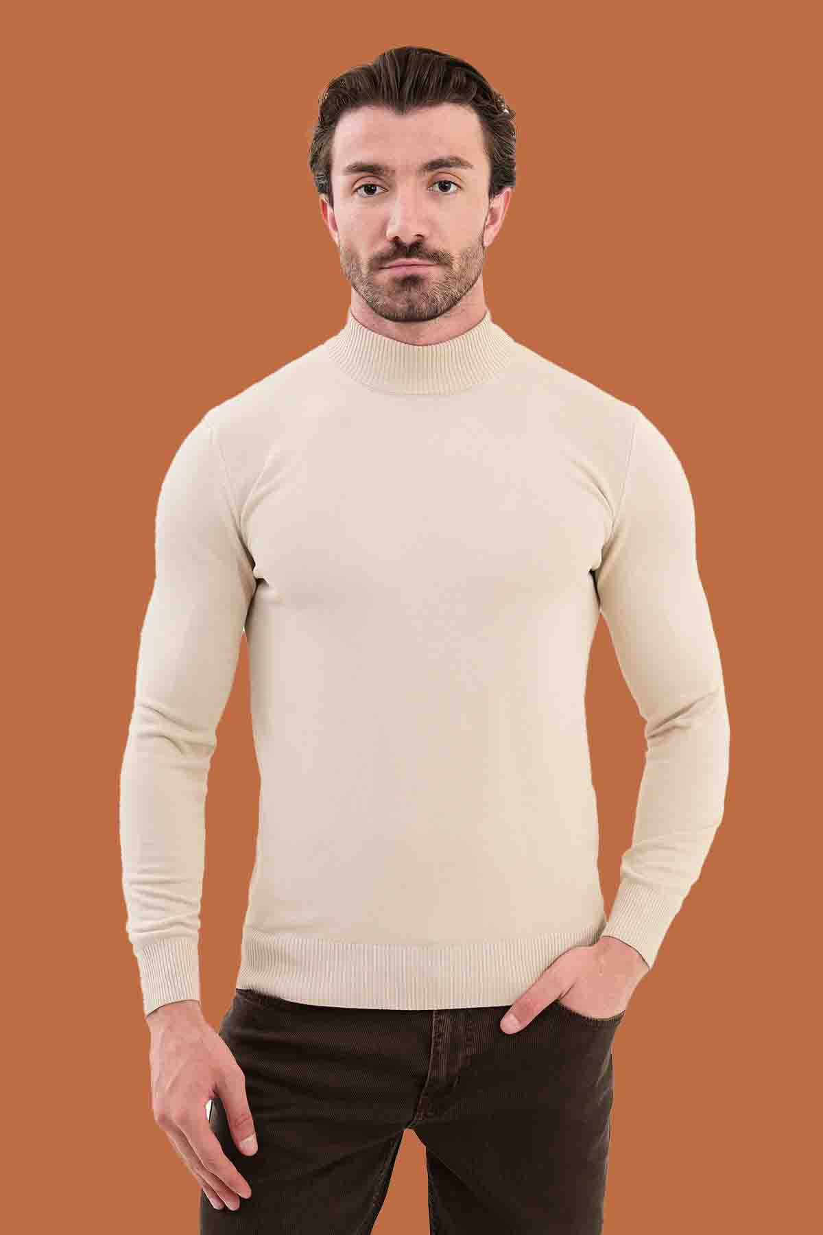Men's Slim Fit Beige Mock Neck Knit Sweater S-XXL