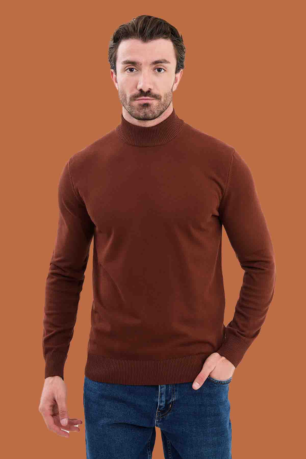 Men's Slim Fit Tile Brown Mock Neck Knit Sweater S-XXL