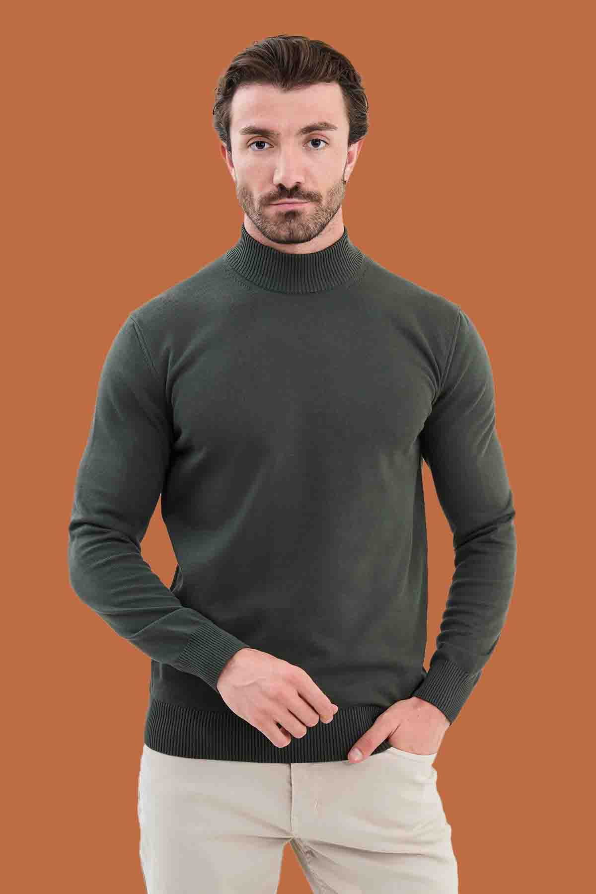 Men's Slim Fit Khaki Green Mock Neck Knit Sweater S-XXL