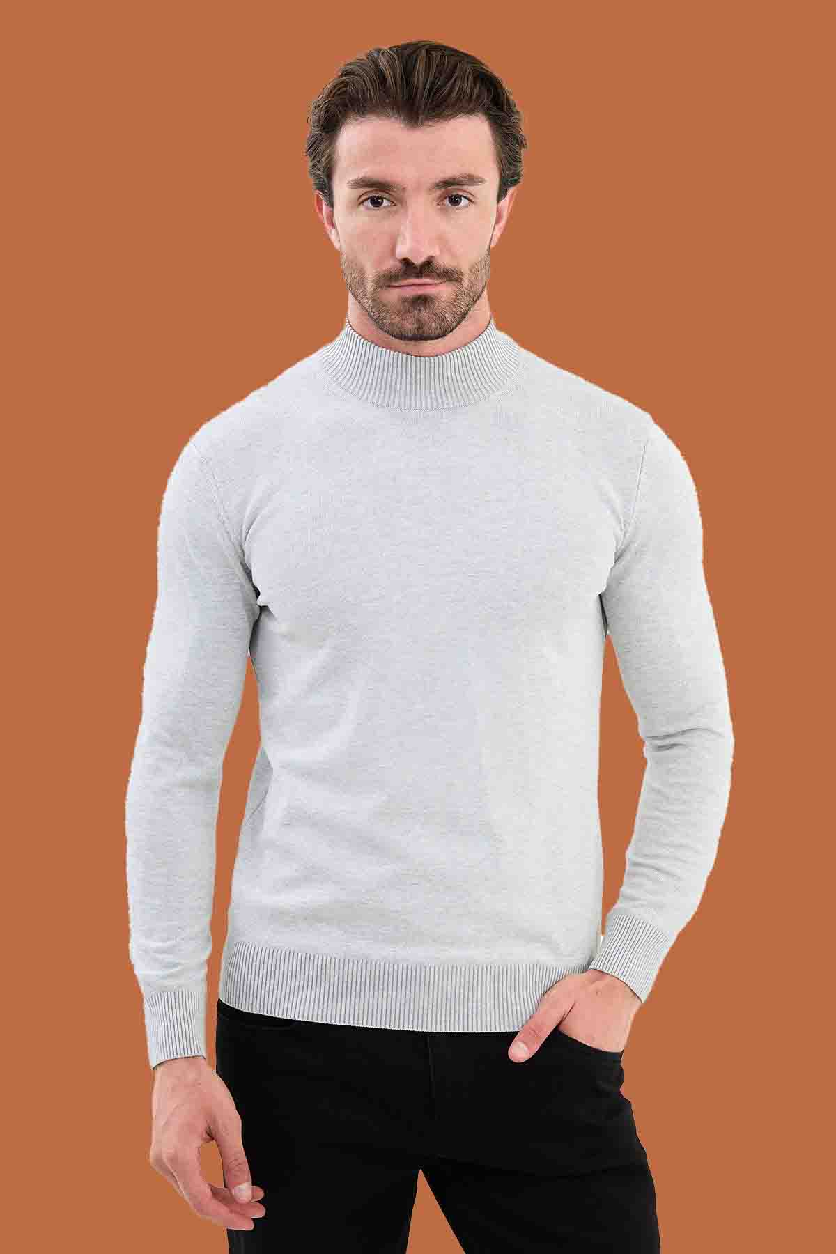 Men's Slim Fit Light Gray Mock Neck Knit Sweater S-XXL