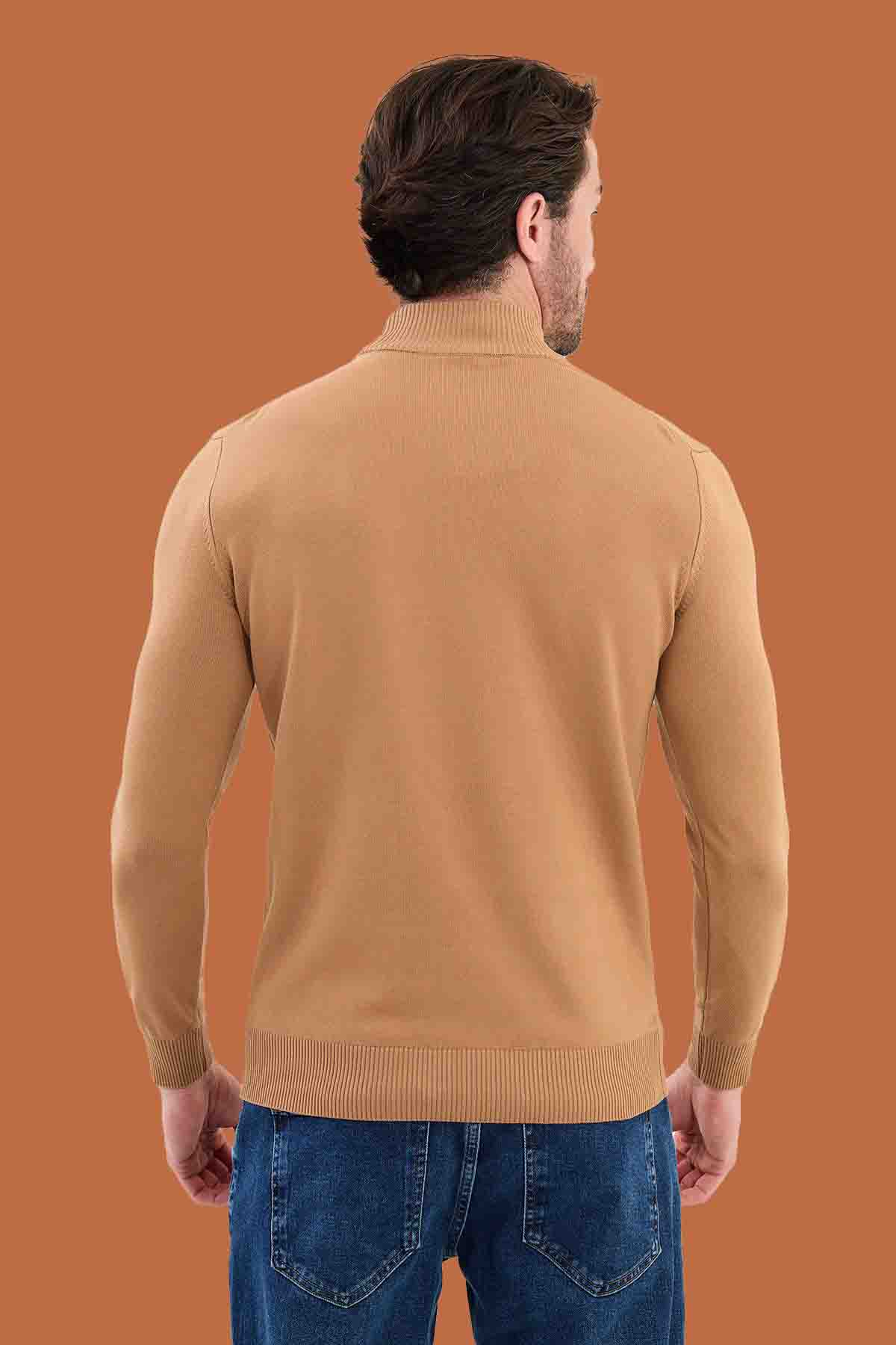 Men's Camel Mock Neck Sweater - Slim Fit Knitwear