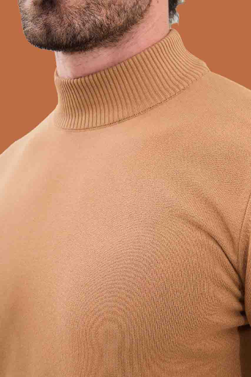 Men's Camel Mock Neck Sweater - Slim Fit Knitwear