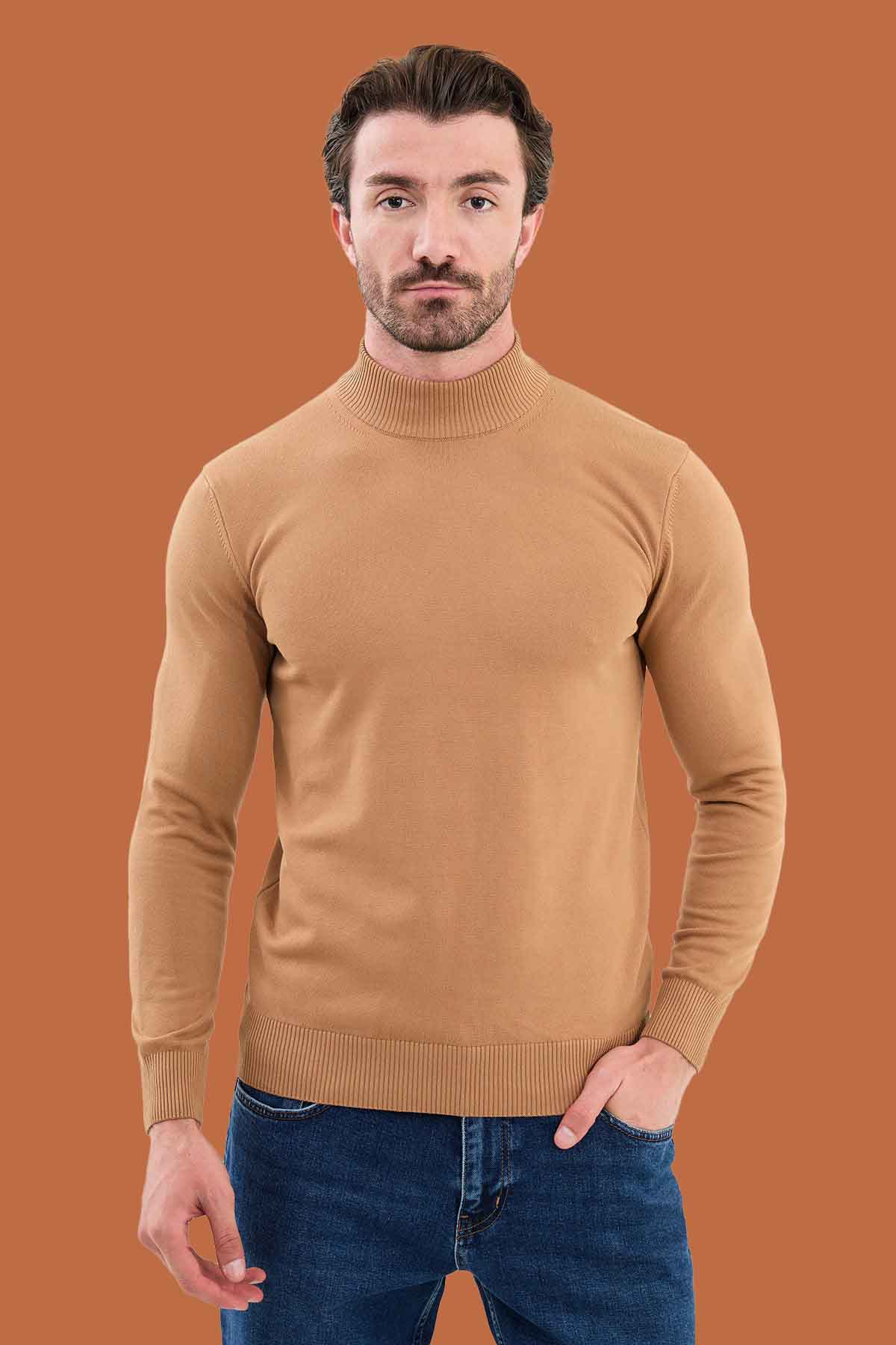 Men's Camel Mock Neck Sweater - Slim Fit Knitwear