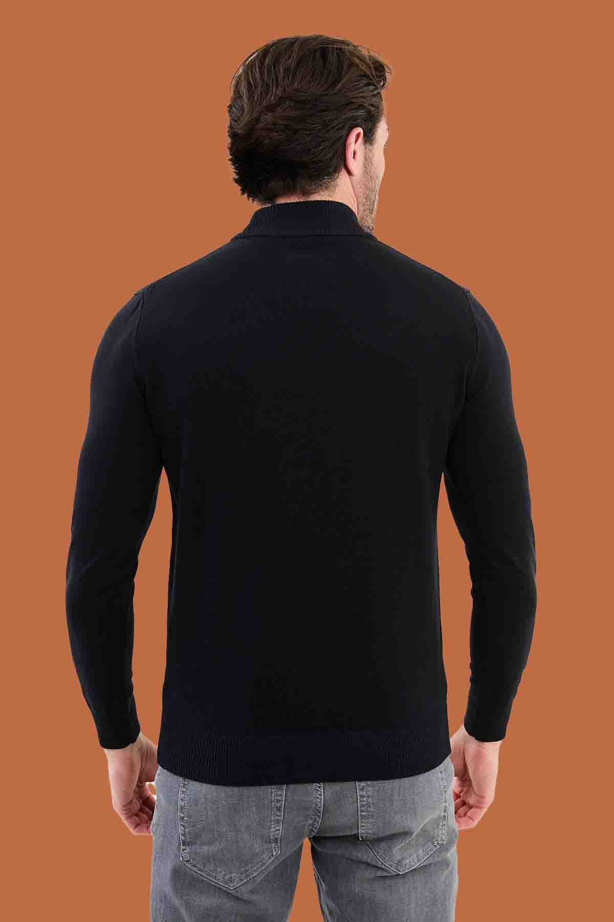 Men's Navy Mock Neck Sweater - Slim Fit Knitwear