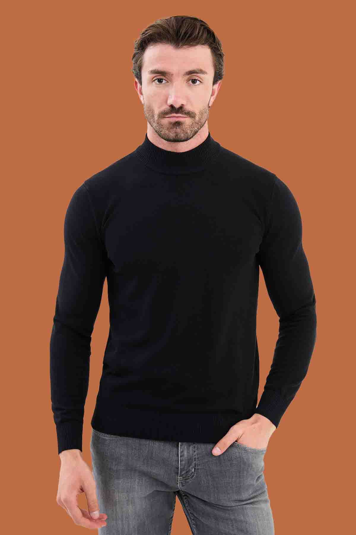 Men's Navy Mock Neck Sweater - Slim Fit Knitwear