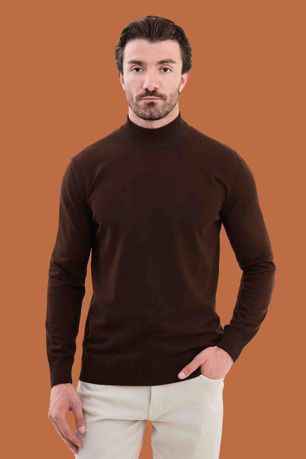 Men's Brown Mock Neck Sweater - Slim Fit Knitwear