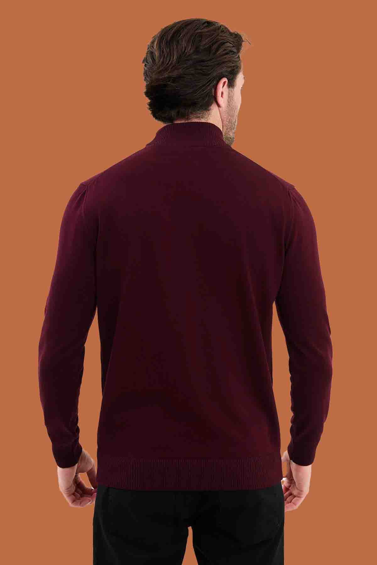 Men's Burgundy Mock Neck Sweater - Slim Fit Knit