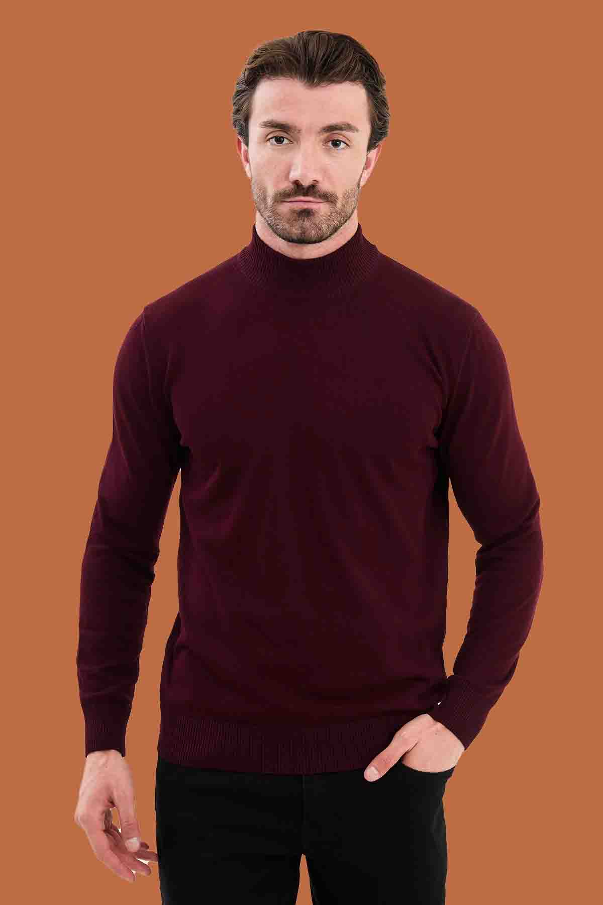 Men's Burgundy Mock Neck Sweater - Slim Fit Knit