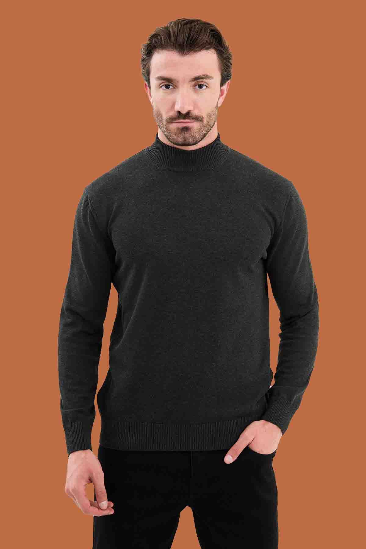 Men's Dark Gray Mock Neck Sweater - Slim Fit Knit