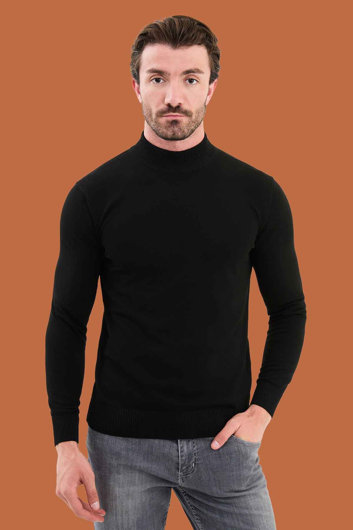 Men's Black Mock Neck Sweater - Slim Fit Knitwear