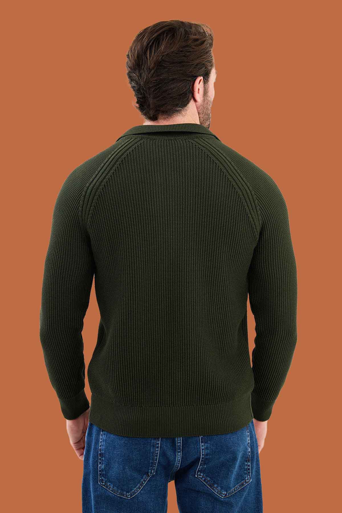 Men's Olive Green Slim Knit Full-Zip Sweater S-XXL