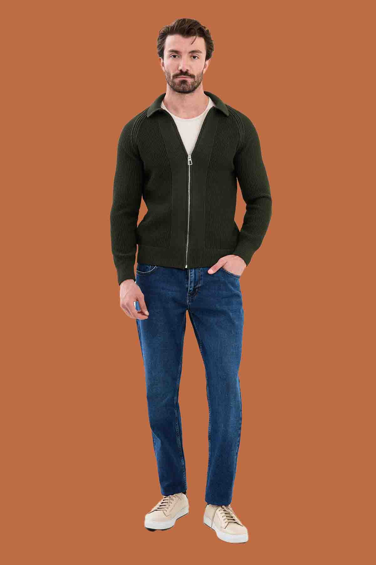 Men's Olive Green Slim Knit Full-Zip Sweater S-XXL