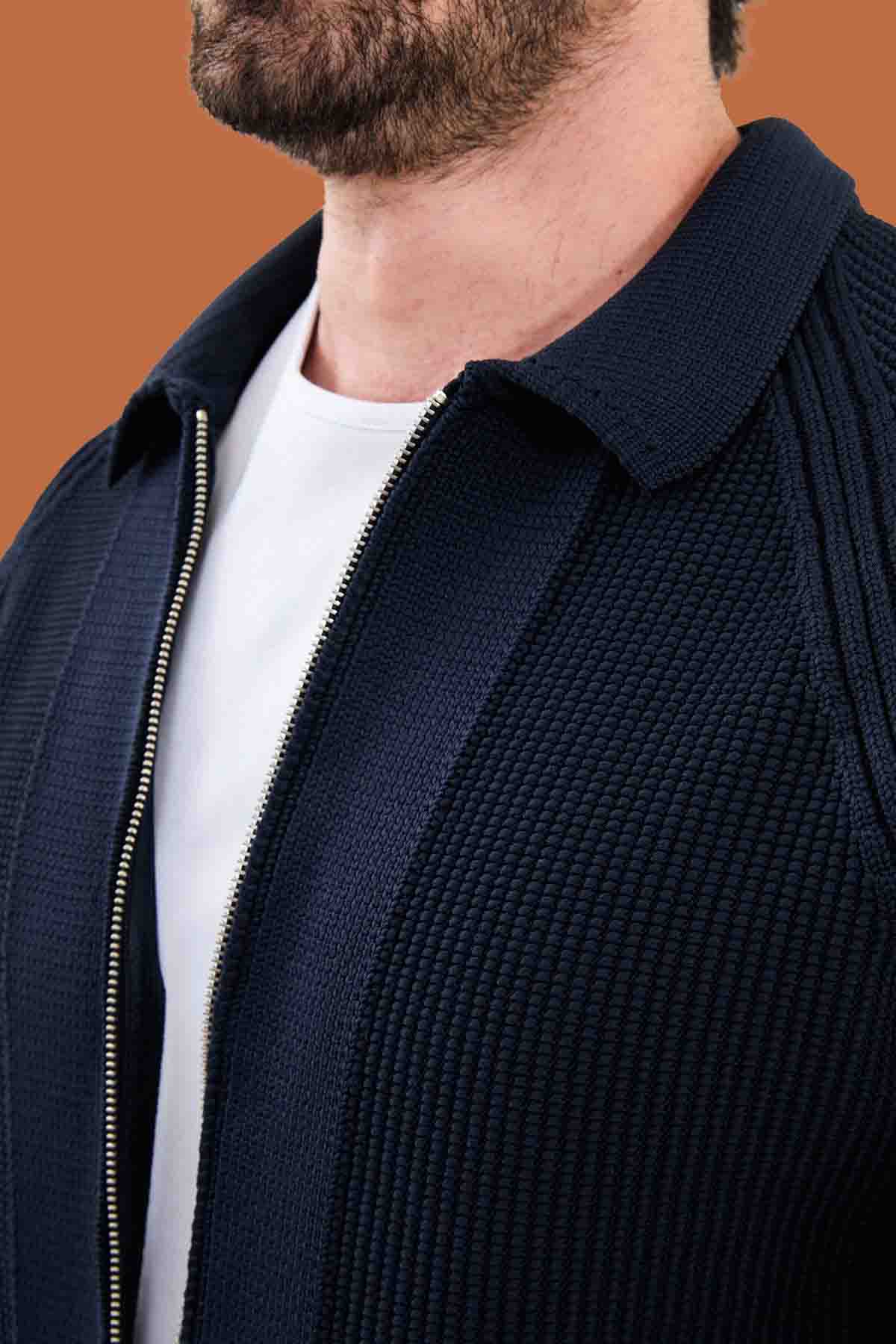 Men's Navy Slim Fit Full-Zip Knitwear Sweater S-XXL