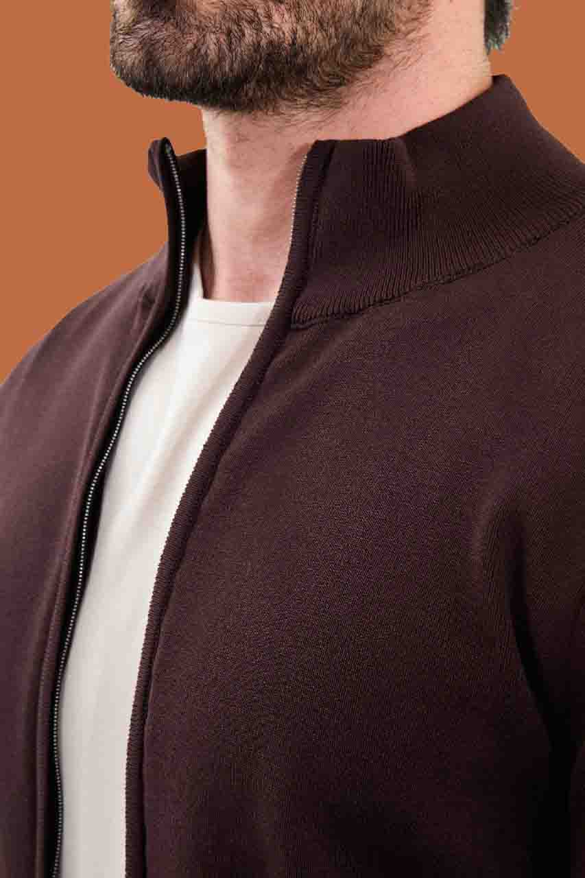 Men's Slim Fit Brown Knit Full-Zip Mock Neck Sweater