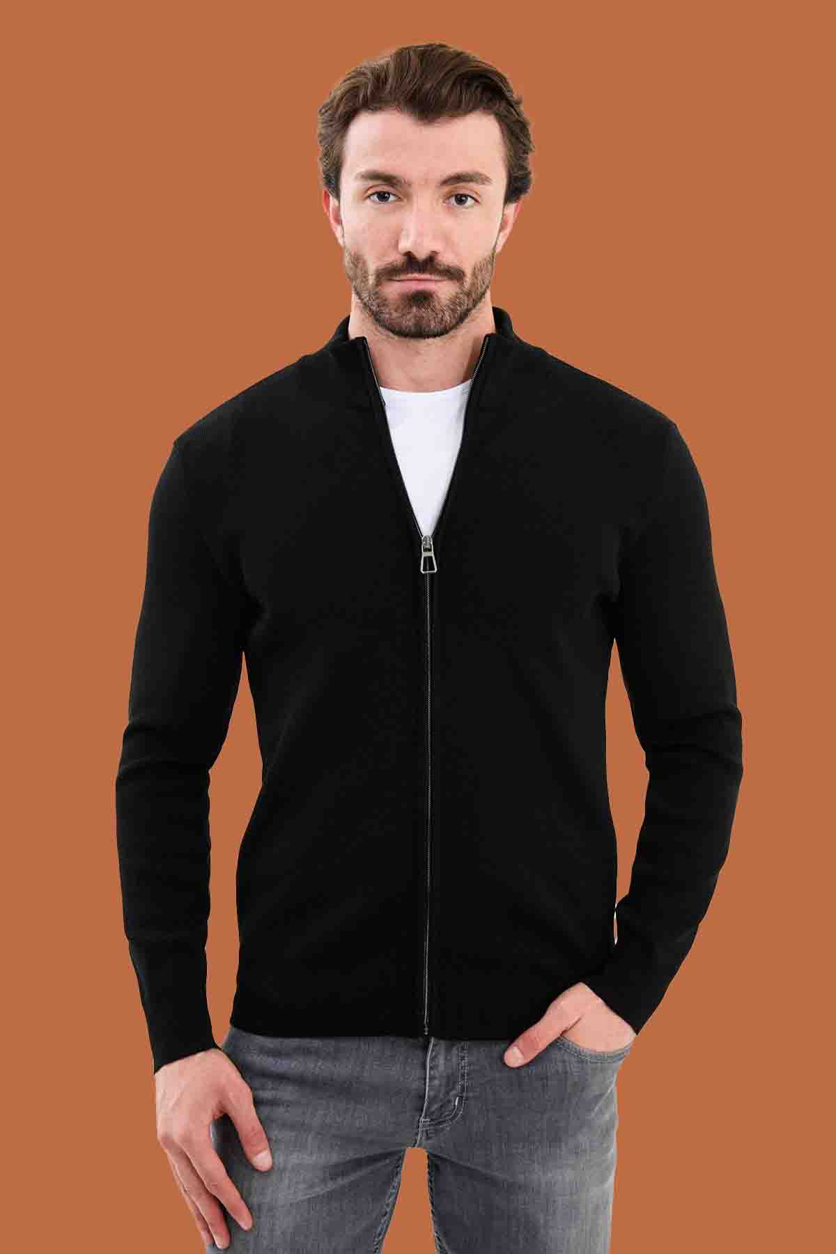 Black Slim Fit Knit Full-Zip Mock Neck Cardigan