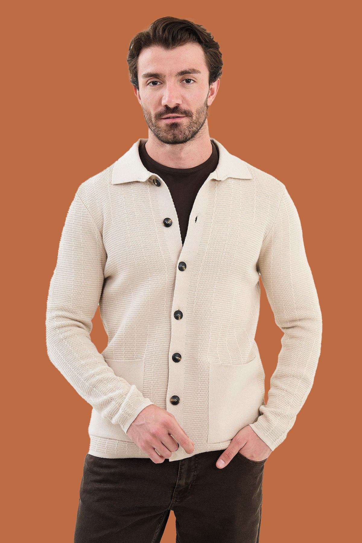 Beige Knit Polo Collar Button Cardigan Sweater