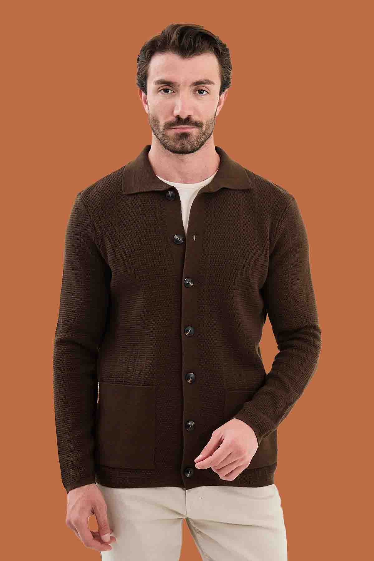 Brown Knit Polo Collar Button Cardigan Slim Fit