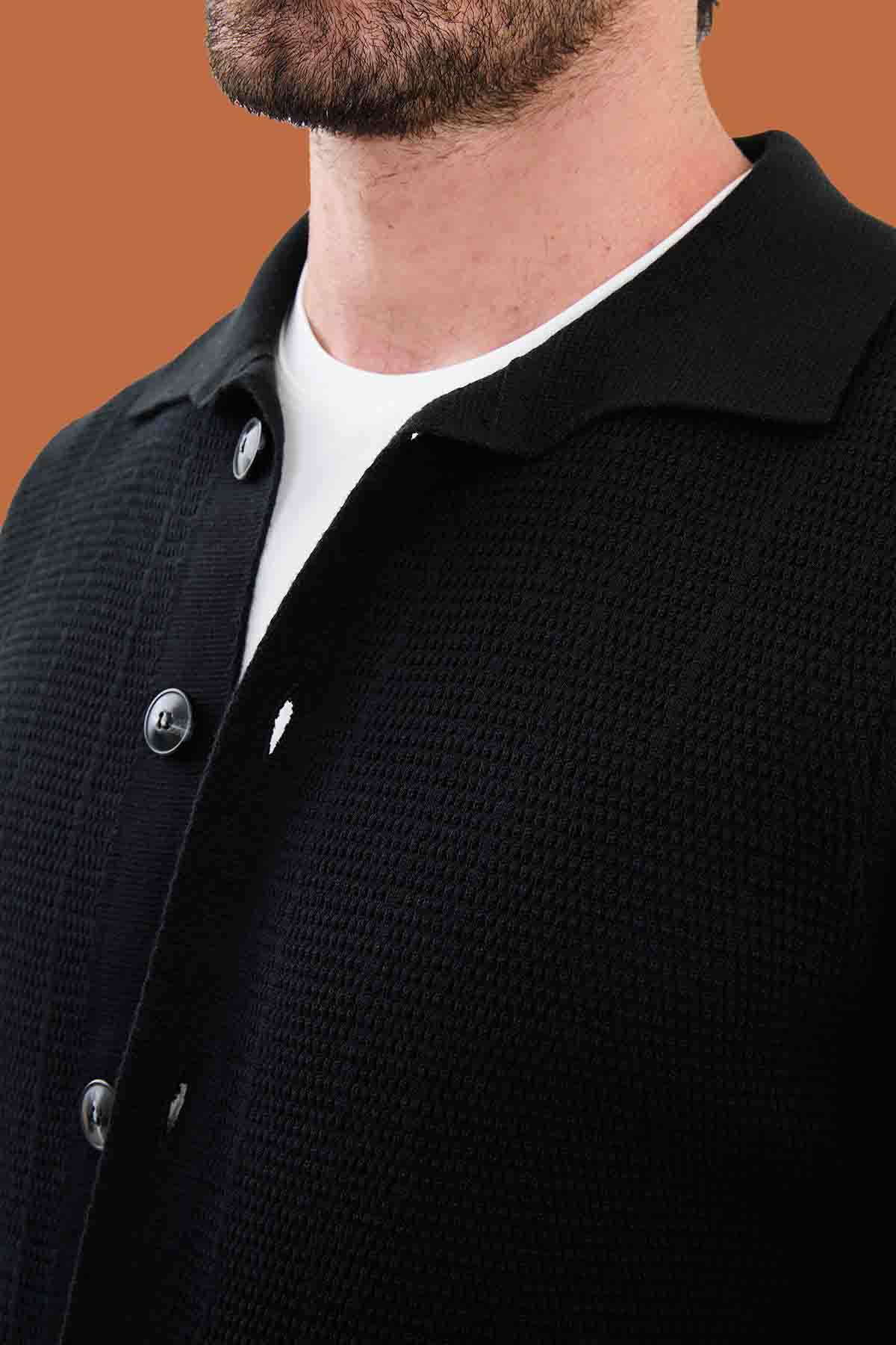 Black Knit Polo Collar Button Cardigan Slim Fit