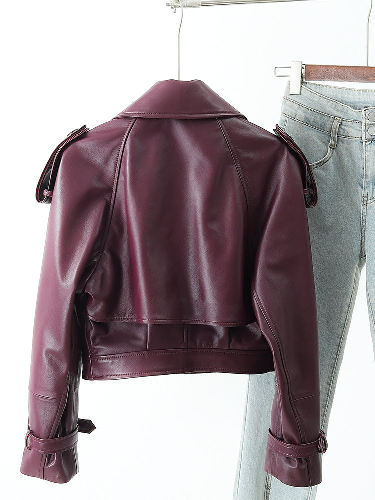 Women’s Loose Sheepskin Leather Jacket, Purplish Red & Black