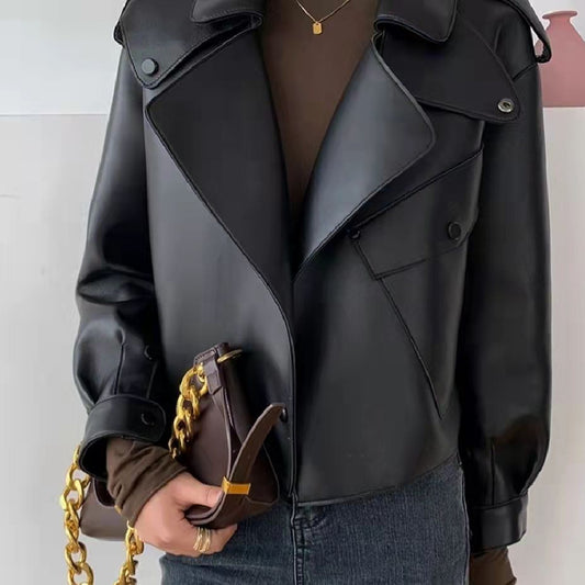 Female Sheepskin Loose Biker Jacket - Black & Green