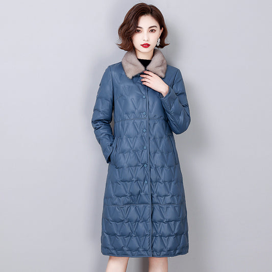Slim Sheep Skin Leather Coat with Mink Fur Collar