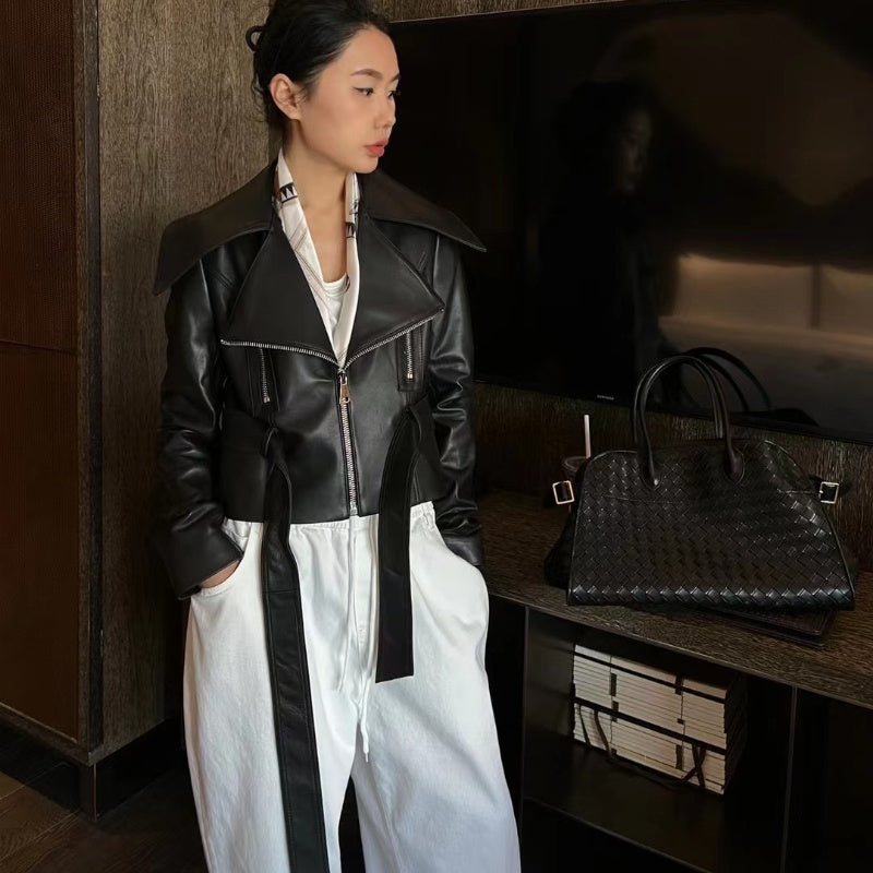 Women’s Sheepskin Leather Short Coat – Hong Kong Style