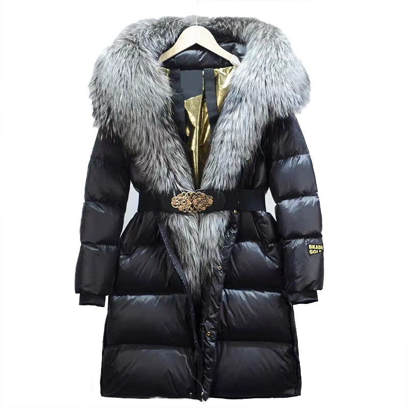 Slim Black Duck Down Jacket with Real Fox Fur Collar