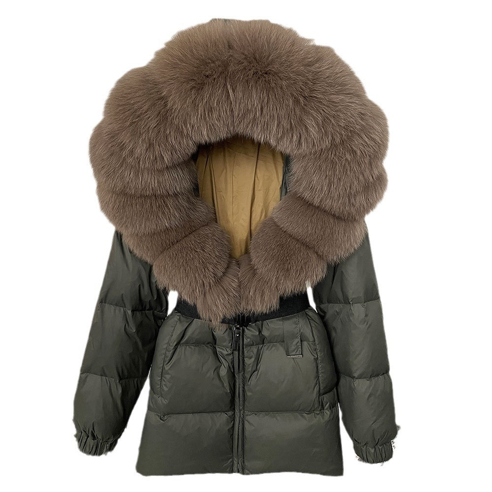 Oversized Fox Fur Collar Duck Down Jacket - Brown