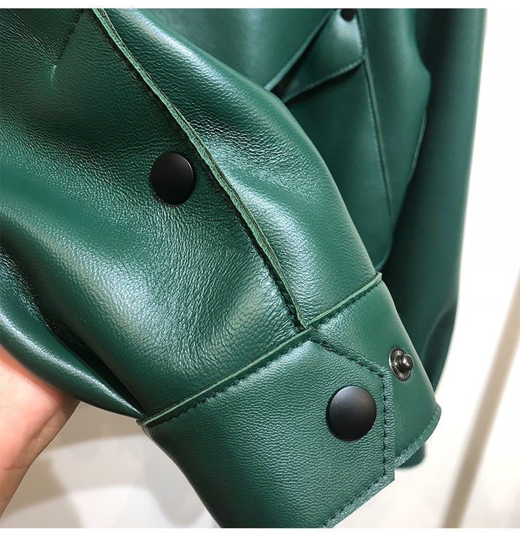Female Sheepskin Loose Biker Jacket - Black & Green