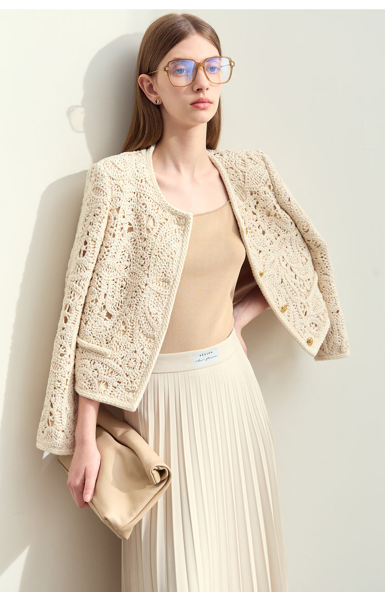 Women’s Light Apricot Cotton Crocheted Round Neck Coat
