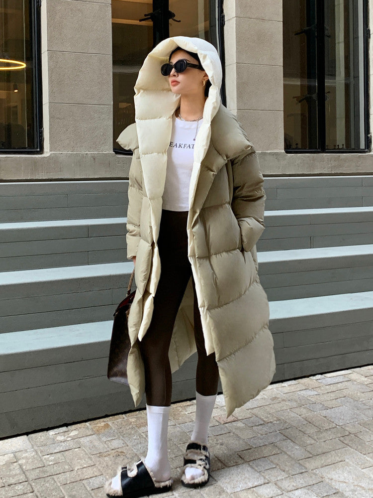 Women’s Loose White Duck Down Long Hooded Jacket