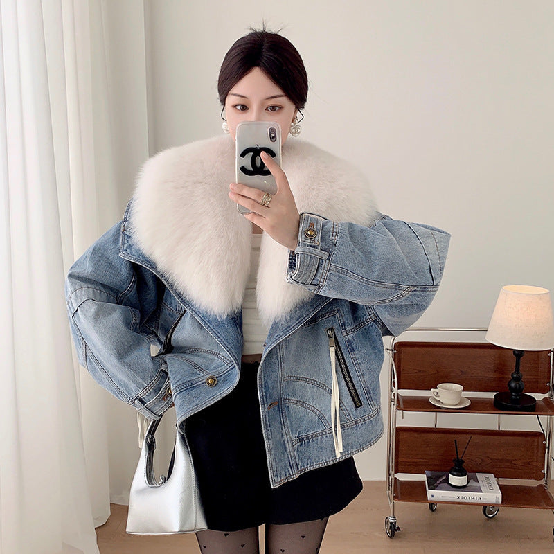 Women’s Short Denim Parka with Fox Fur & Goose Down