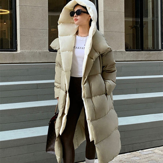 Women’s Loose White Duck Down Long Hooded Jacket
