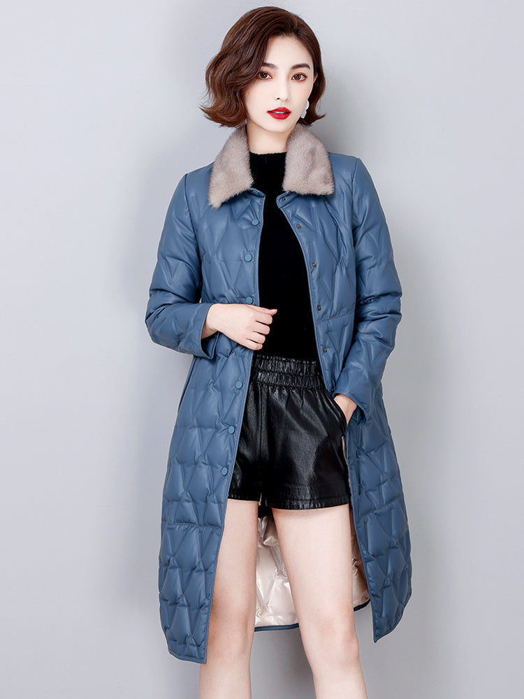 Slim Sheep Skin Leather Coat with Mink Fur Collar