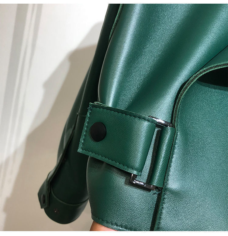 Female Sheepskin Loose Biker Jacket - Black & Green