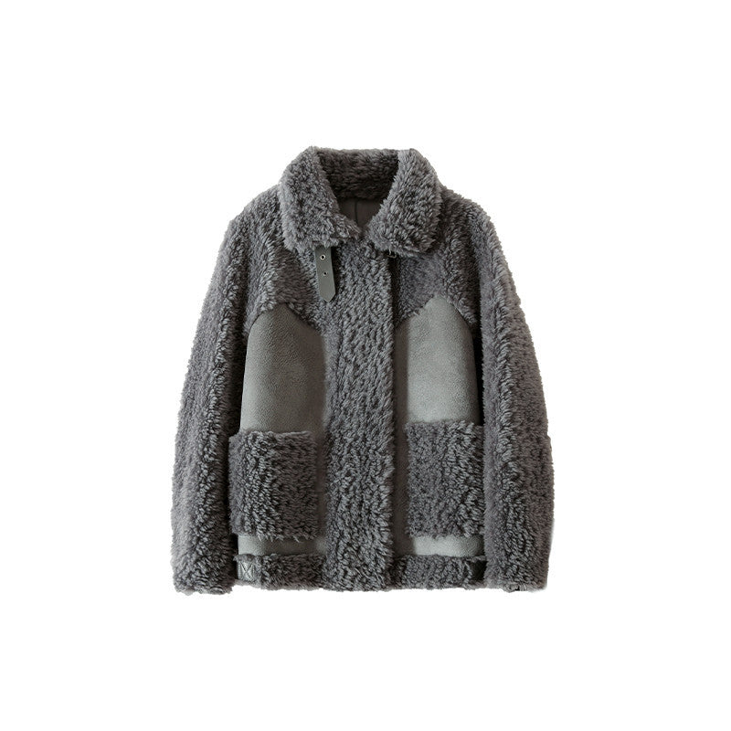 Women’s Loose Stylish Sheep Shearling Coat with Zipper