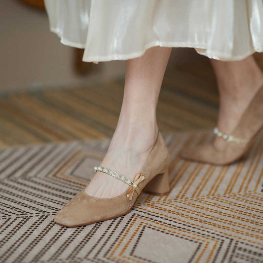 Leather Bowknot Beaded Slip-on High Heels