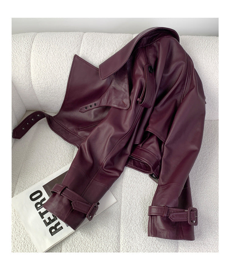 Women’s Loose Sheepskin Leather Jacket, Purplish Red & Black
