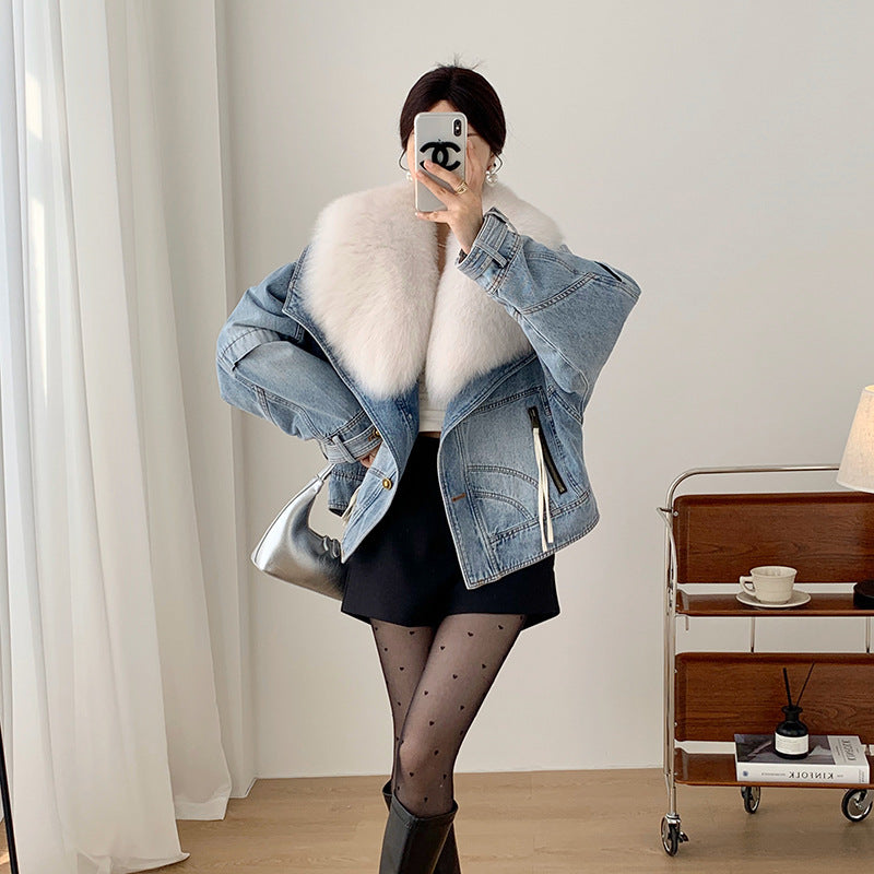 Women’s Short Denim Parka with Fox Fur & Goose Down