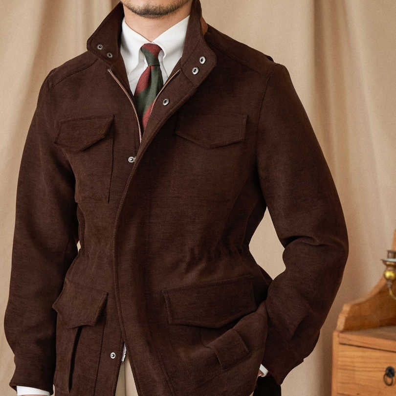 Men’s safari jacket-Stand Collar Multi-Pocket Coat with Elastic Waist