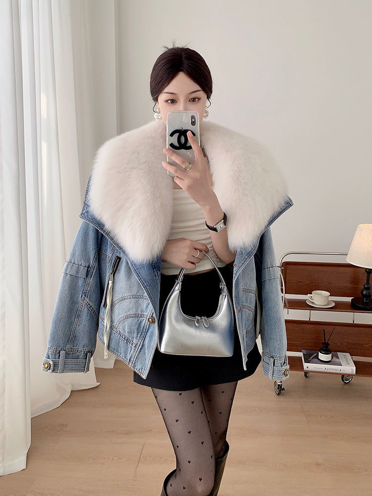 Women’s Short Denim Parka with Fox Fur & Goose Down