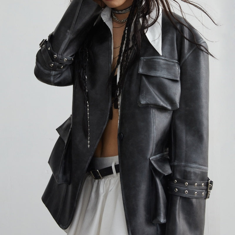 Retro Faux Leather Jacket with Wide Shoulder & Pockets
